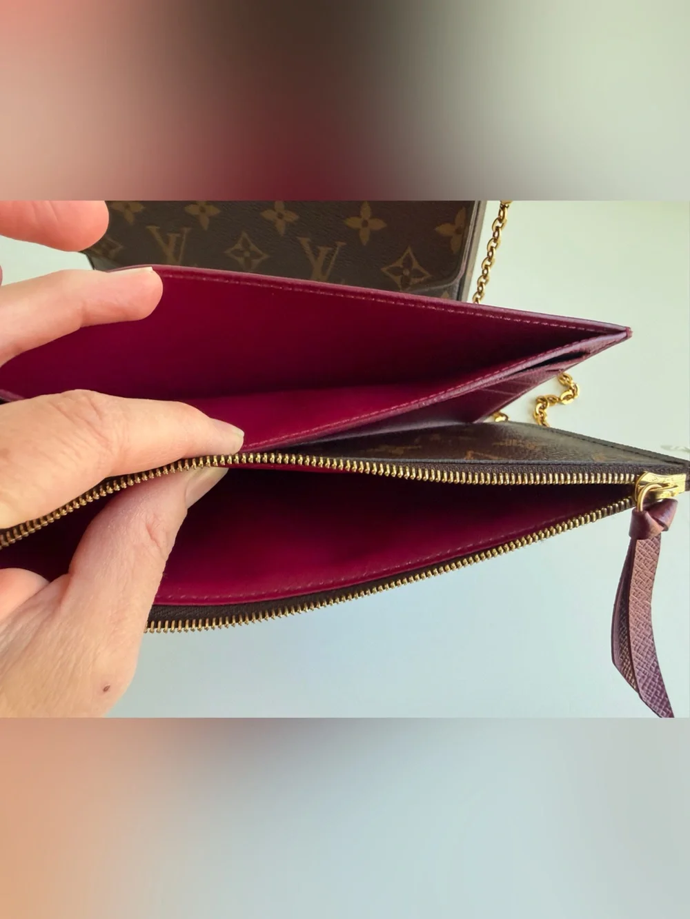 Authentic Louis Vuitton Felicie Pochette Monogram & Fuchsia Crossbody & Inserts